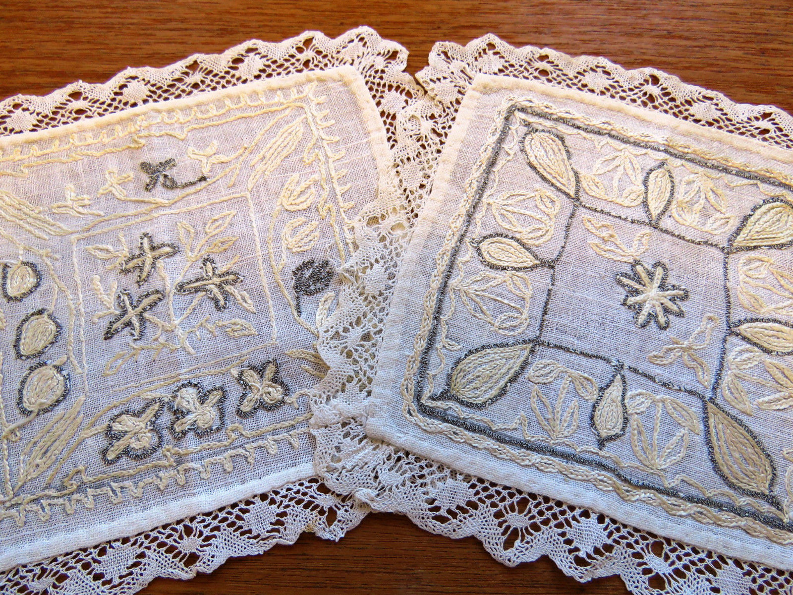Antique Table Coasters Doilies Set of 2 Linen Silk Embroidered Lace Edging (L&T-284)