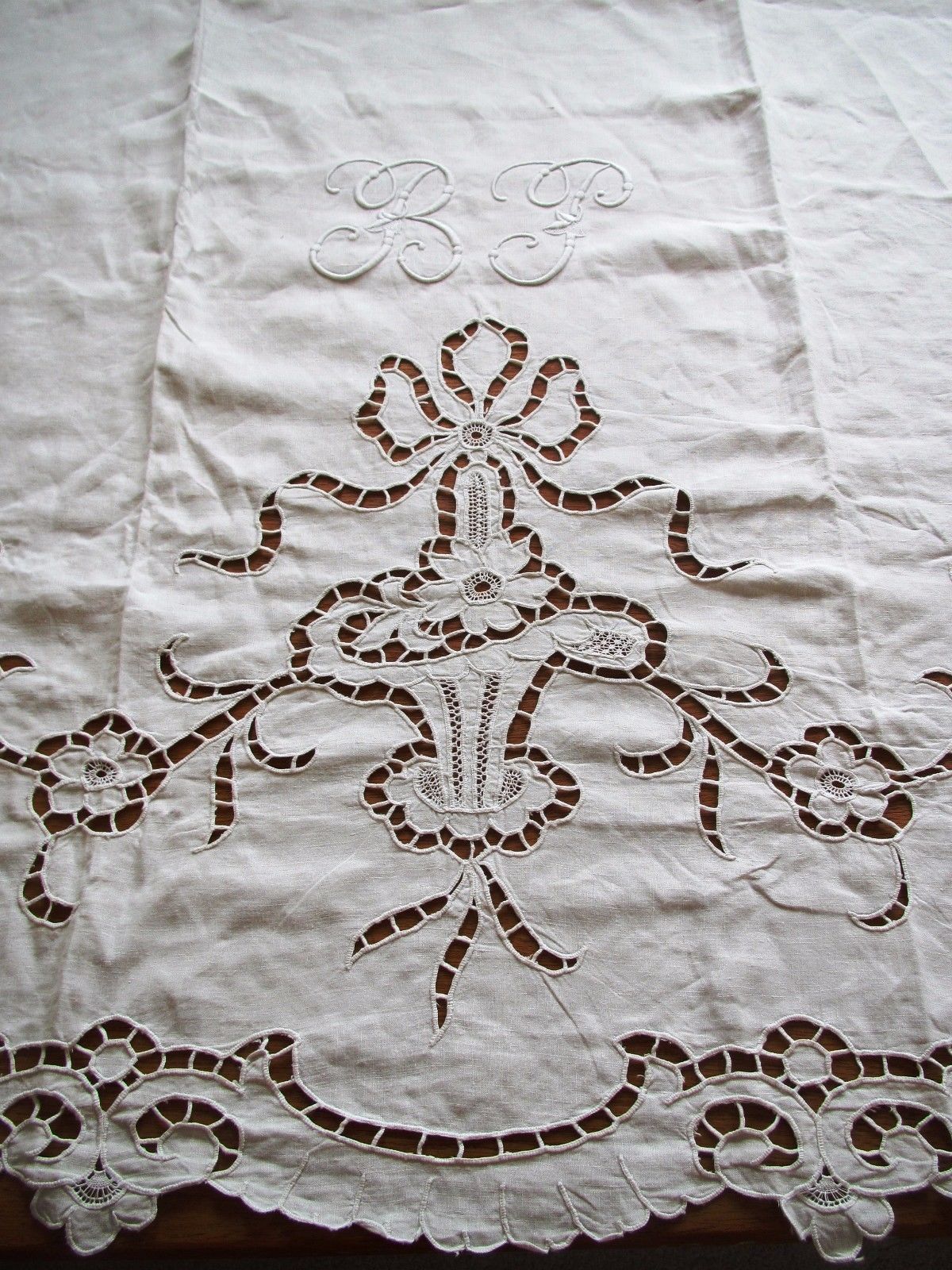 Antique French Sheet Cutwork Monogram B P Richelieu Linen Metis White 85" x 134" (L&T-296)