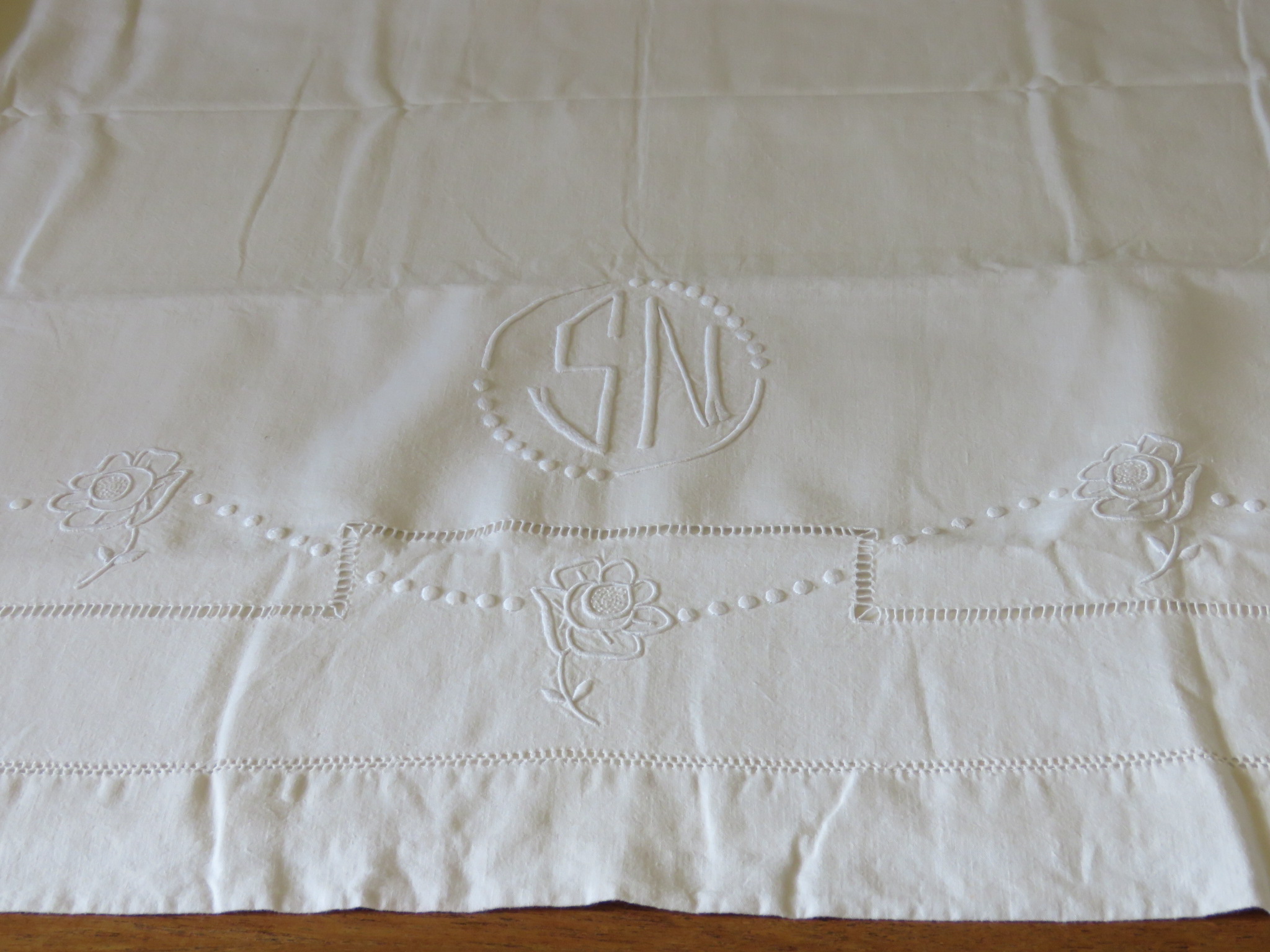 Antique French Sheet Metis Embroidered Drawnwork Monogram S N 80" x 108" (L&T-299)