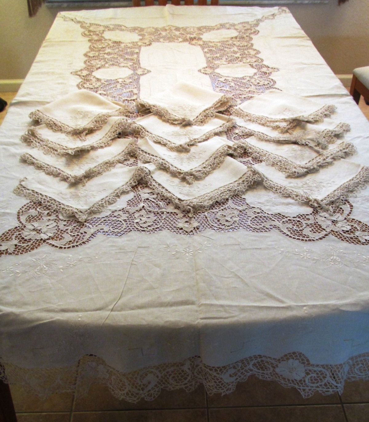 Antique Tablecloth Napkin Set Needlelace Linen 96" x 62" Ecru