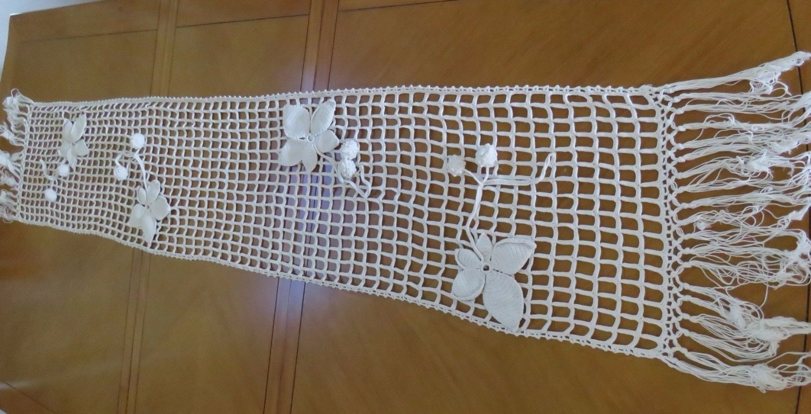 Antique French Table Runner Handmade Crochet Filet Lace Mantle Window Valance (L&T-341)