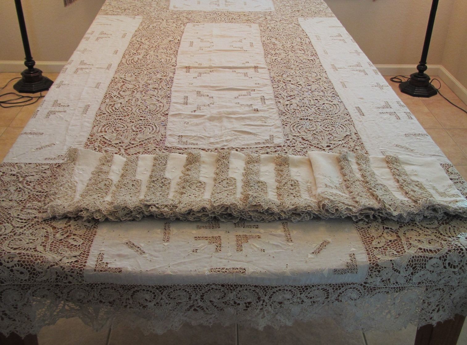 Antique Tablecloth 12 pc Napkins Set Hand Embroidered Linen Needlelace Reticella Figural Birds (L&T-343)