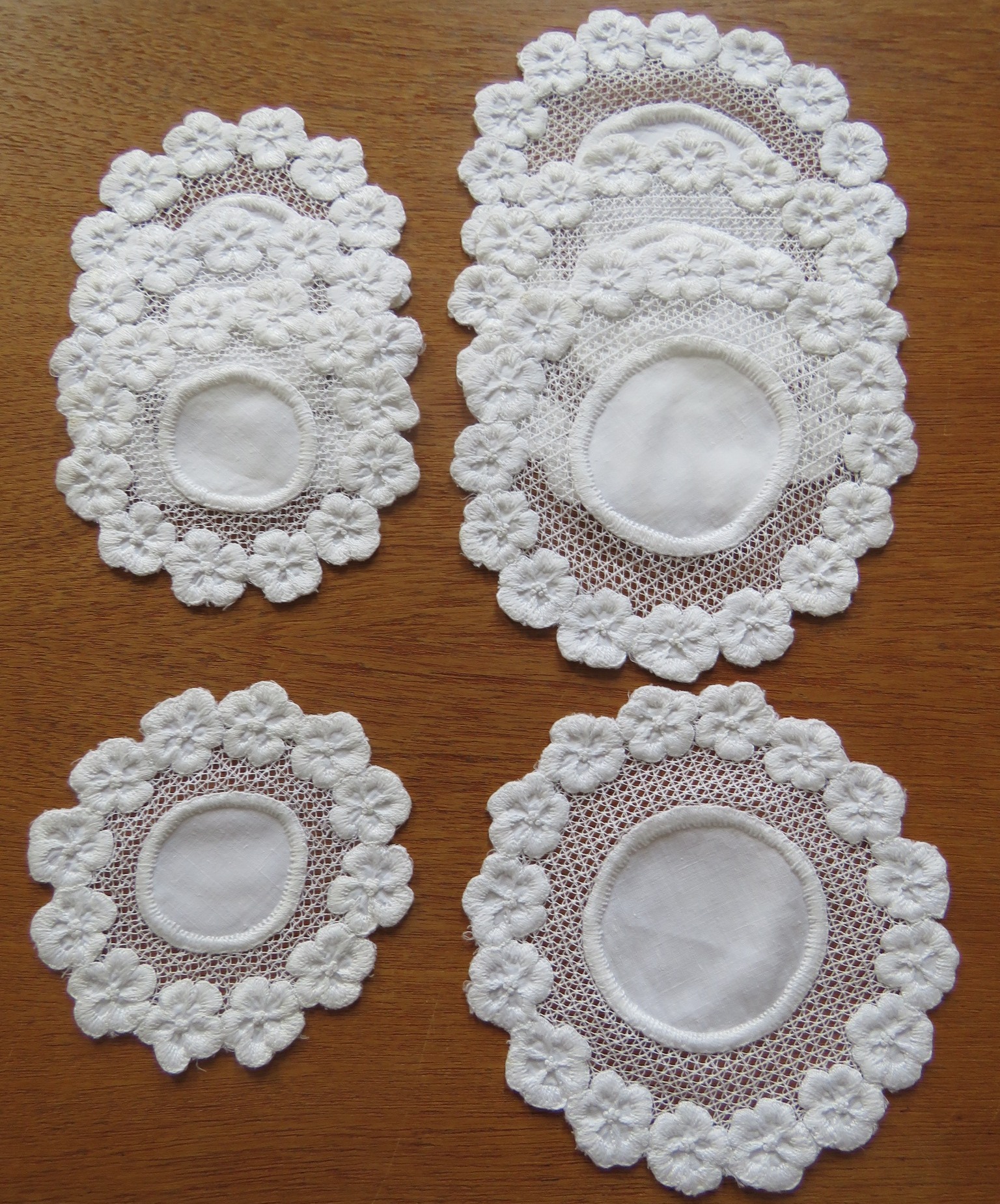 8 pc Antique Table Doilies Coasters Goblet Rounds White Hand Embroidered Pansies (L&T-357)