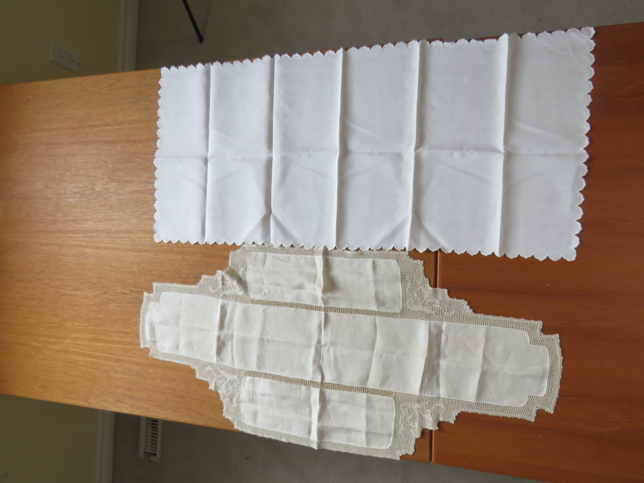 2 Vintage Linen Table Runners Cream Ecru Filet Crochet Edging White Embroidered (L&T-368)