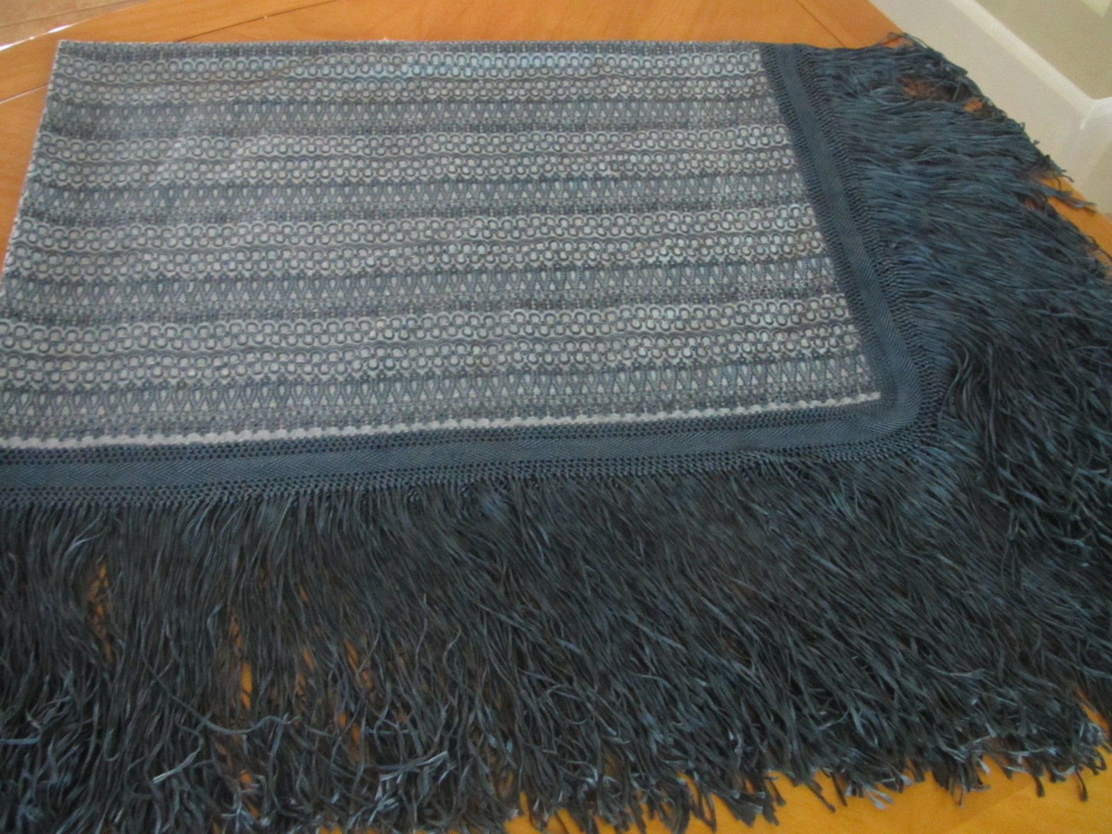 Antique Vintage Blue Embroidered Tablecloth Cotton 78" Machine  (L&T-374)