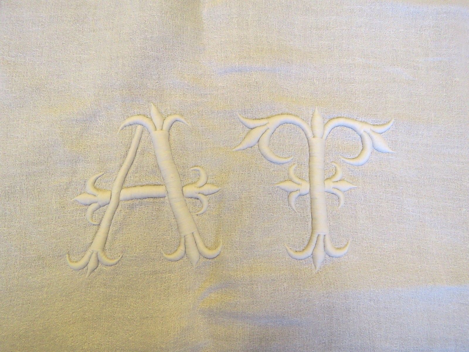 Antique TABLECLOTH LINEN French White MONOGRAM A T Embroidered Ladder Work (L&T-382)