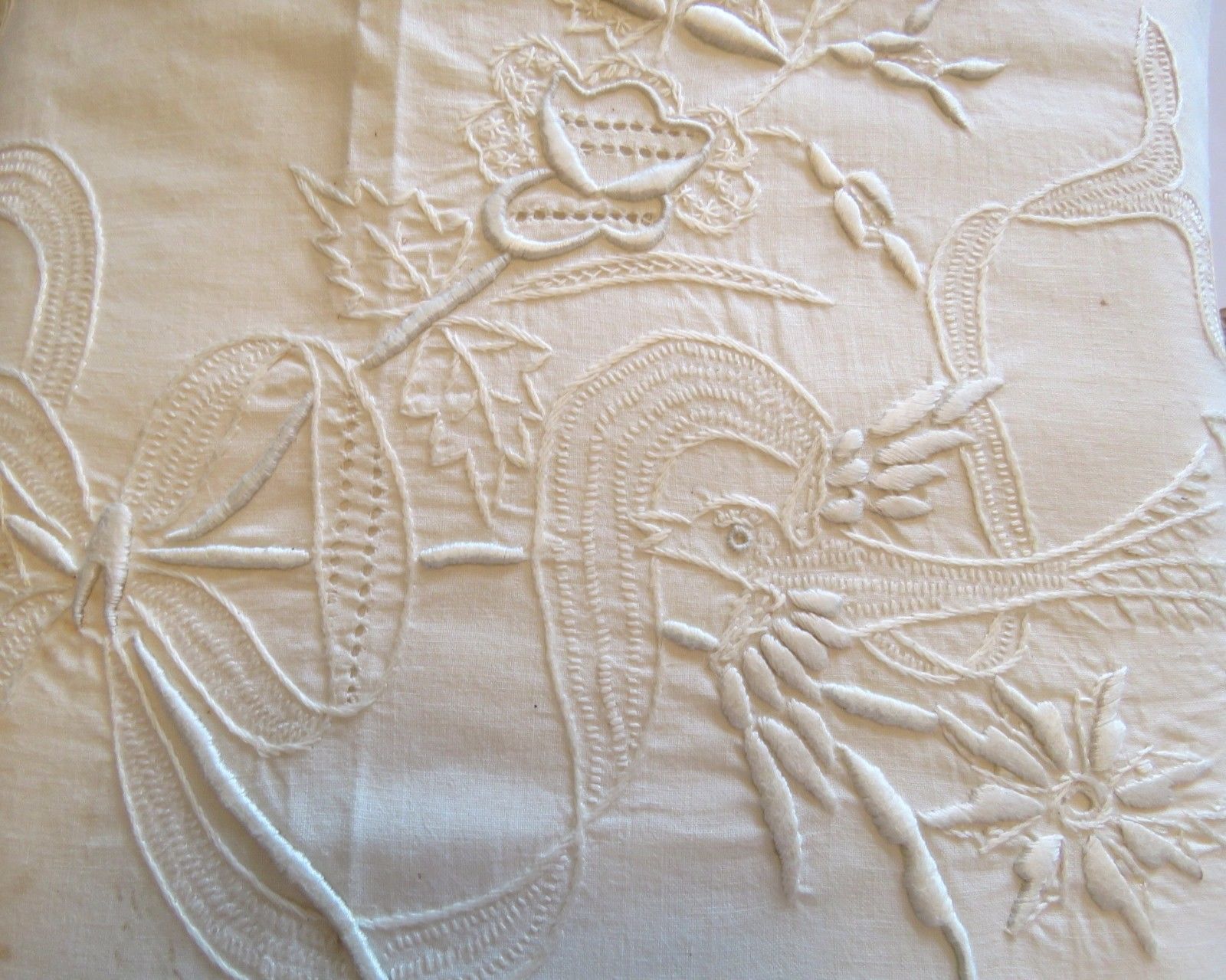 Vintage Hand Embroidered Sheet Birds Flowers Whitework Cream Cotton