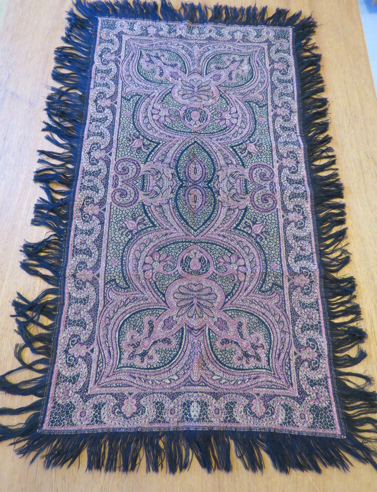 Vintage Runner Table Scarf Cloth Fringe Black Pink Burgundy Geometric Reversible (L&T-463)