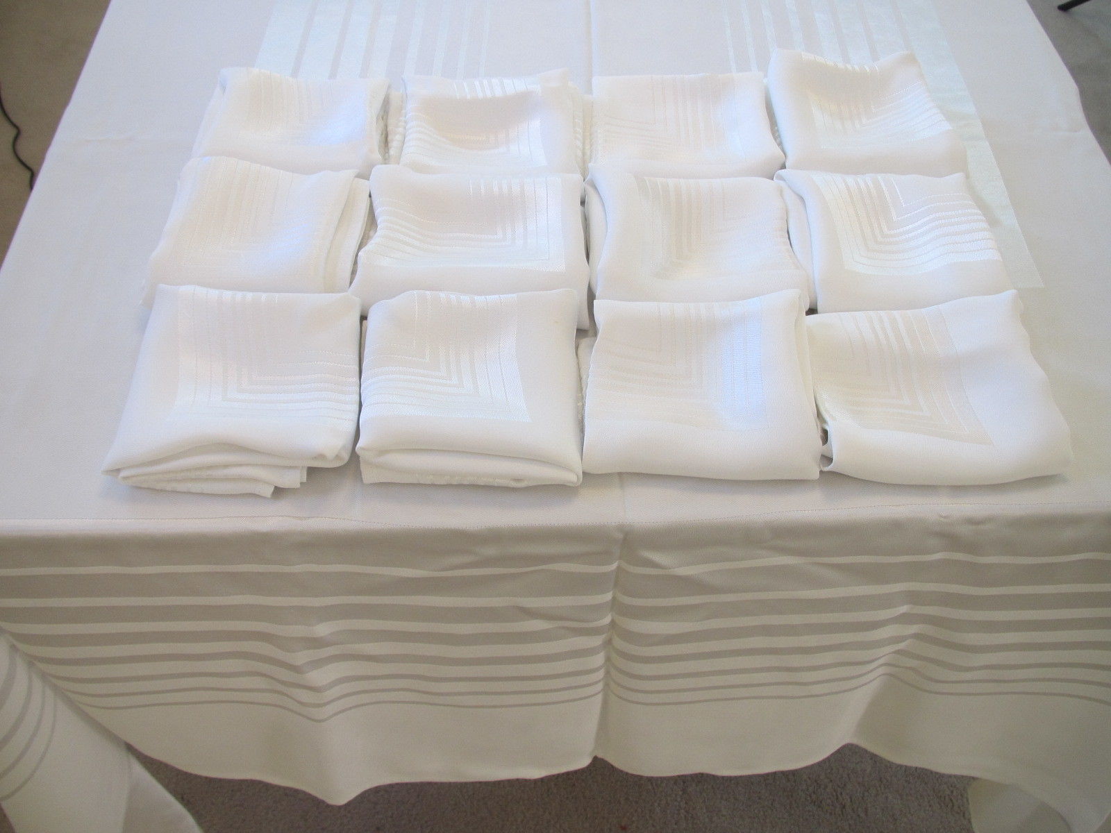 13 pc Vintage Tablecloth Napkins Set Rayon Art Deco Satin Damask Stripe Band 102" x 61"  (L&T-470)