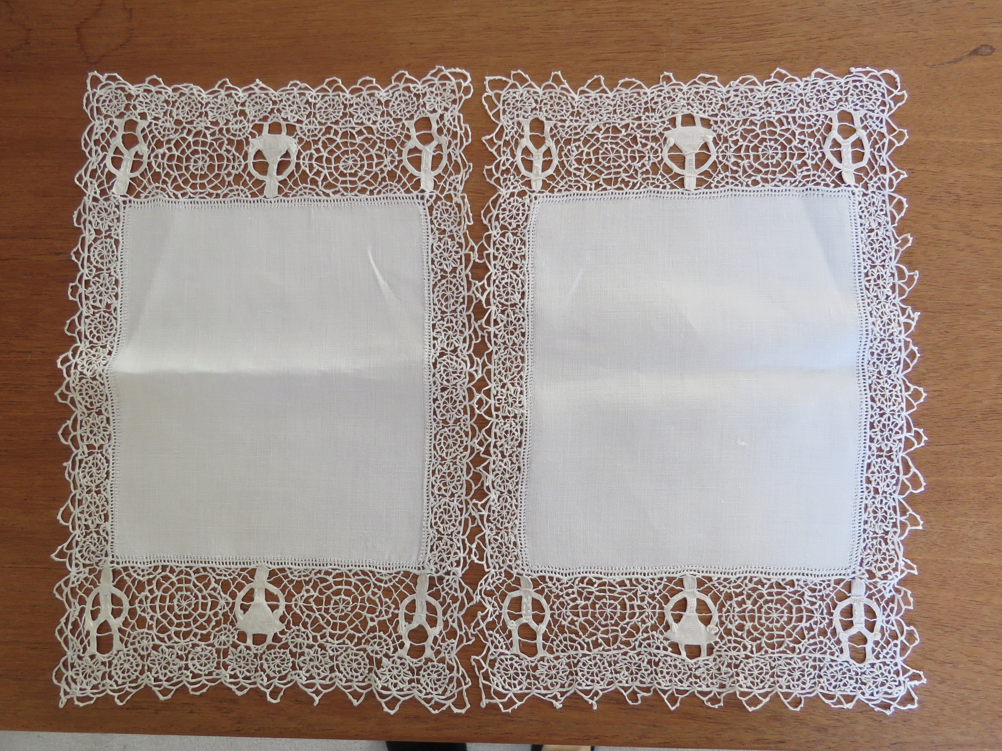 Vintage Doily Placemats Reticella Needlelace Figural Men Women Tray Cloth 2 pc (L&T-506)
