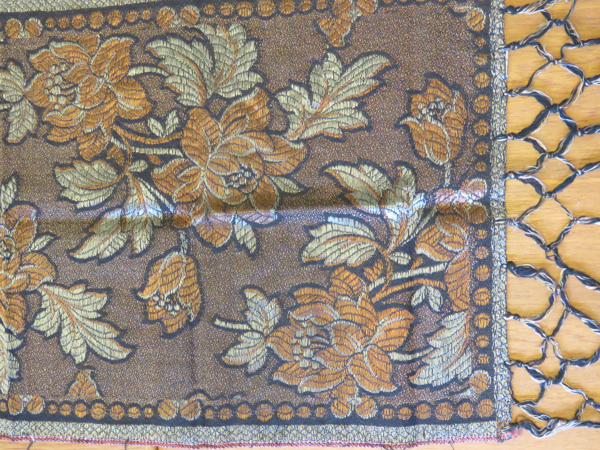 Vintage Table Runner Brocade Copper Grey Silver Flowers Leaves Motif (L&T-548)