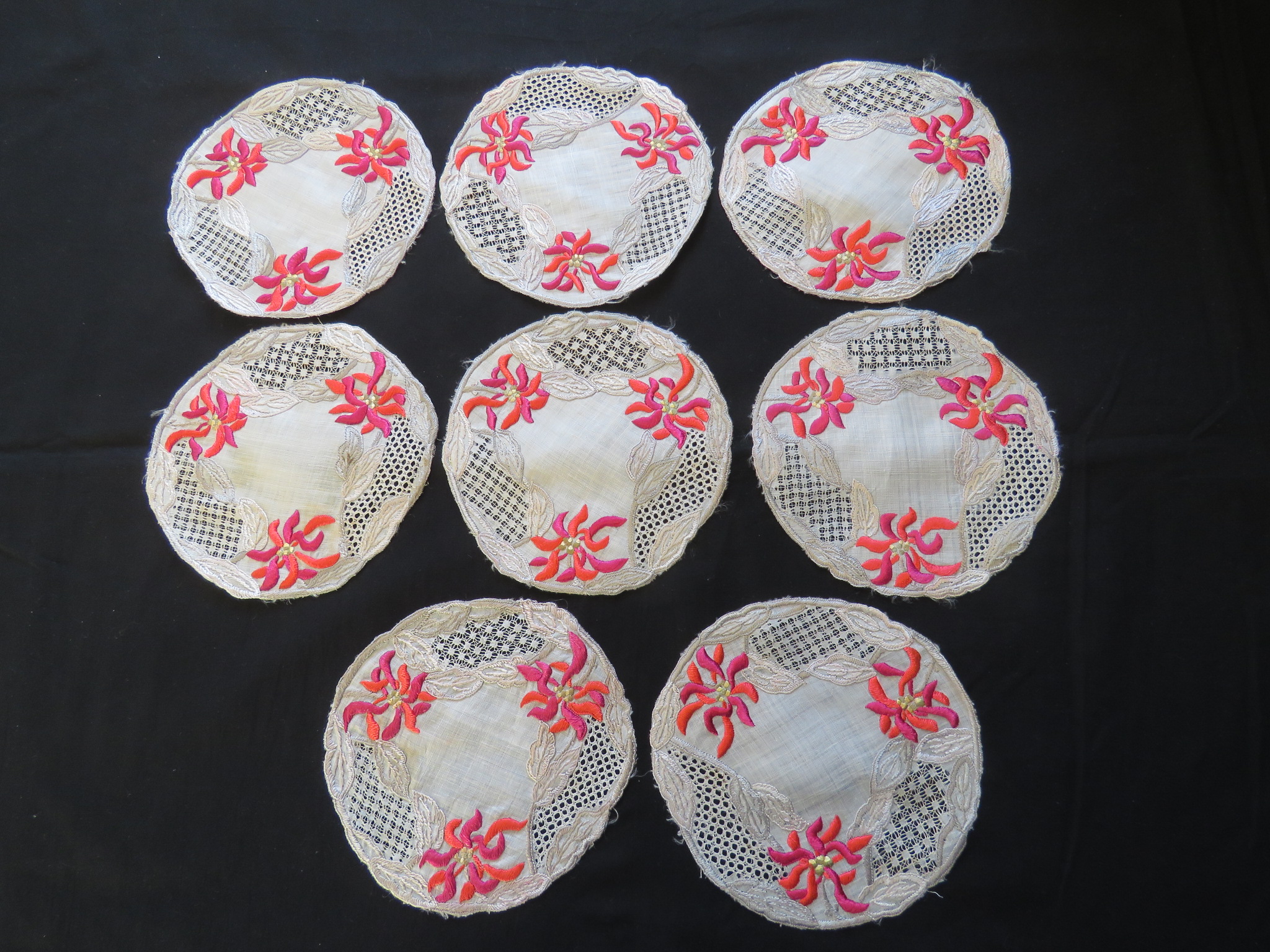 8 Antique Table Doilies Linen Hand Embroidered Society Silk Flowers Drawn work (L&T-558)