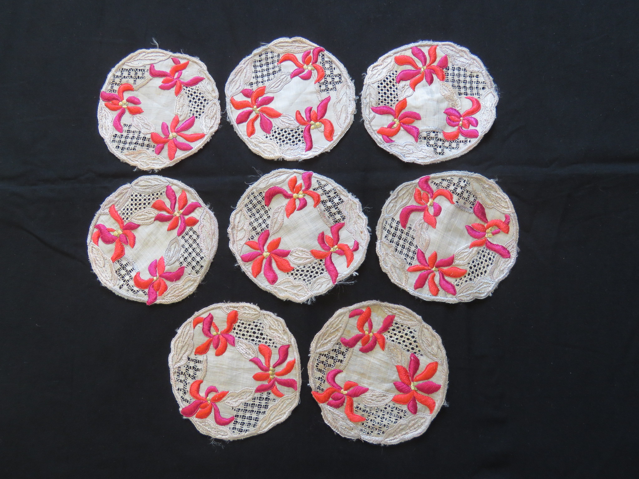 8 Antique Doily Coasters Linen Hand Embroidered Society Silk Flowers Drawn work (L&T-559)