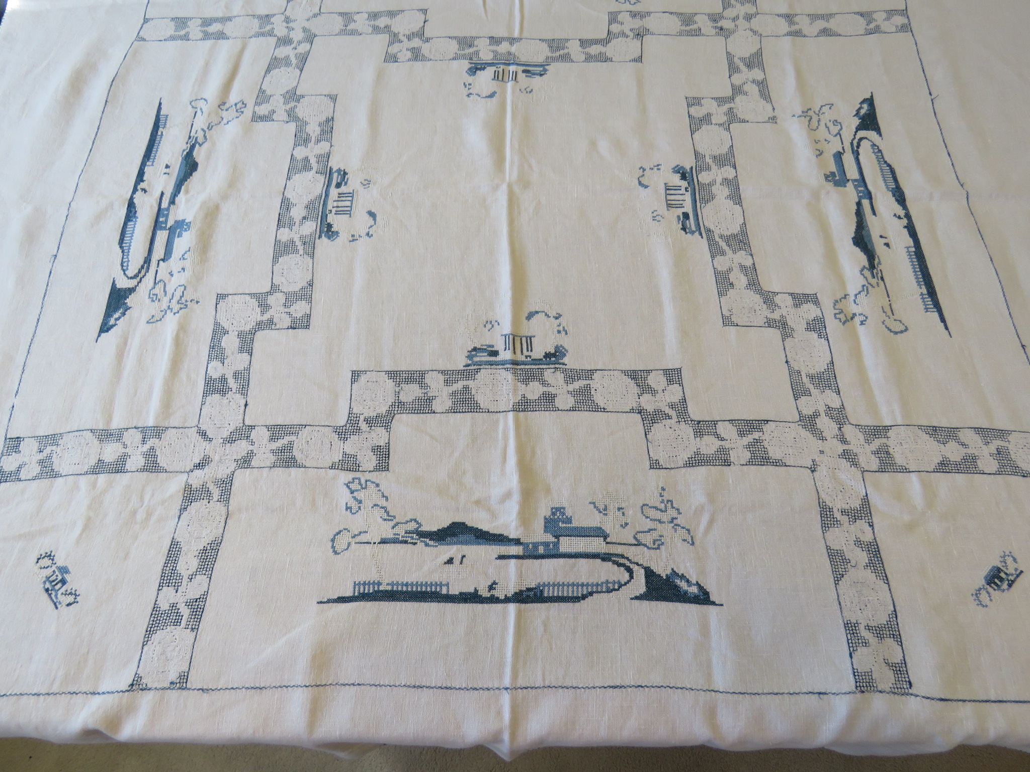 Vintage Square Linen Tablecloth Cross Stitch Embroidery Oriental Asian 1940's (L&T-744)