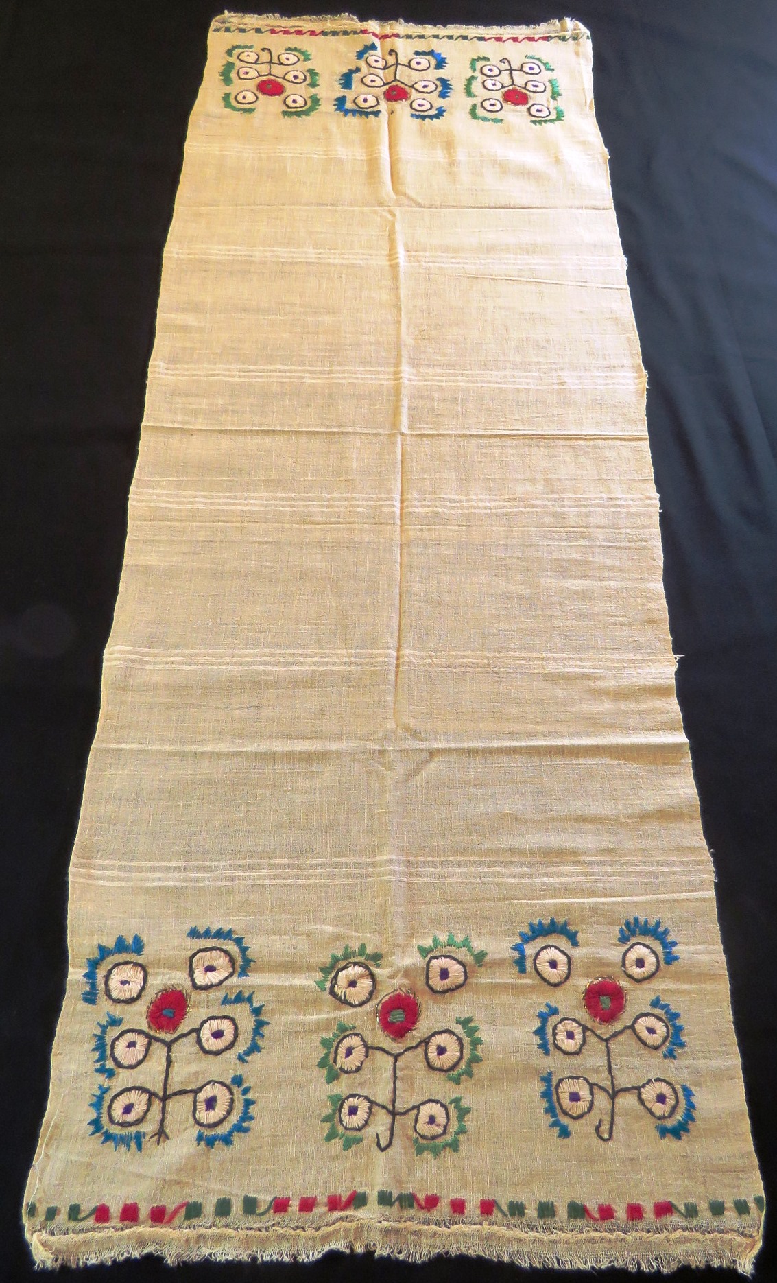 Antique Vintage Turkish Towel Linen Table Runner Hand Embroidered Ecru (L&T-771)
