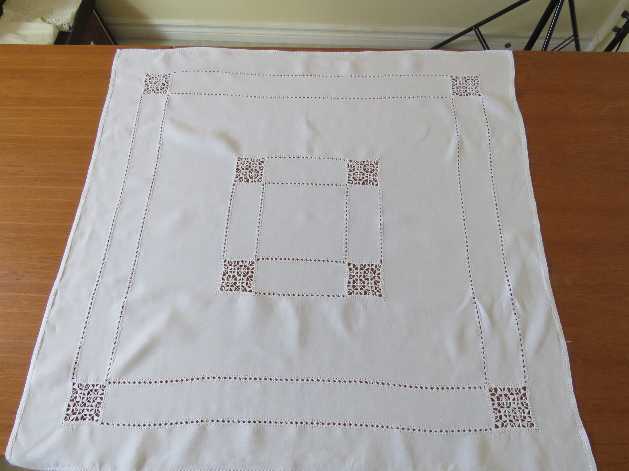 Antique Vintage Tablecloth Reticella Lace Inserts Linen Off White Square (L&T-790)
