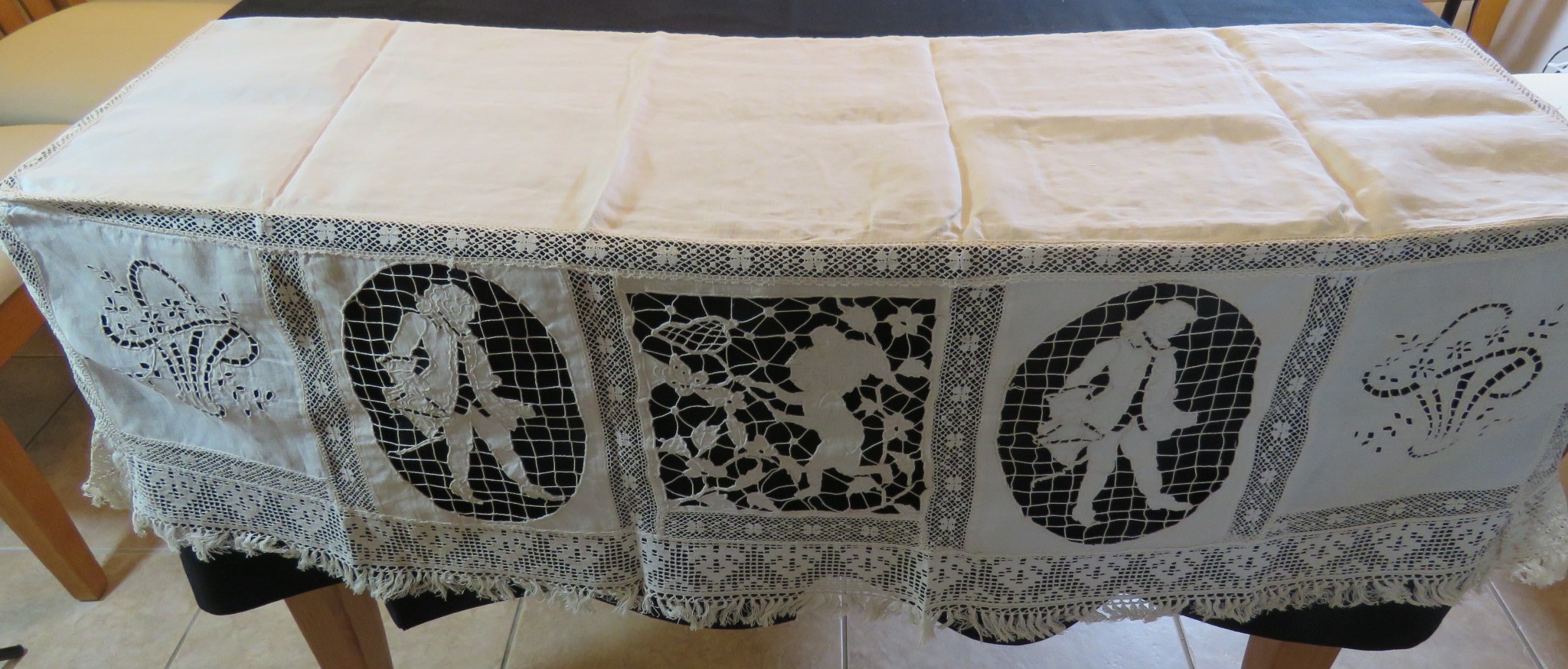 Antique French Runner Crochet Lace Filet Fringe Handmade White Window Valance (L&T-791)