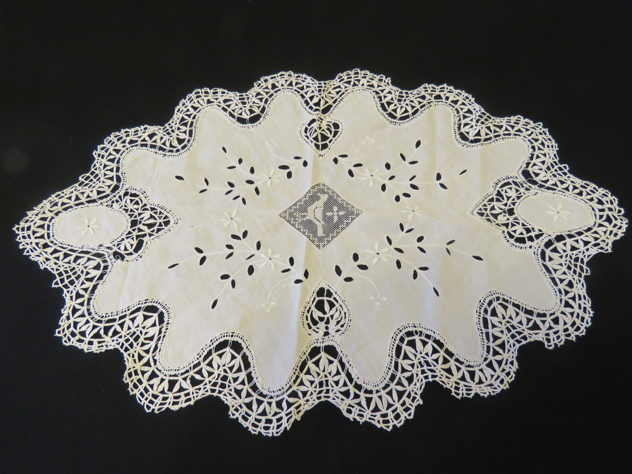 Antique Vintage Table Doily Centerpiece Italian Filet Lace Bird Embroidered Lace Edging (L&T-818)