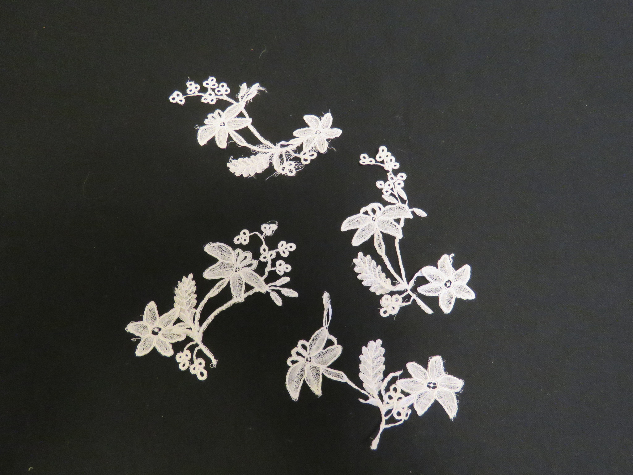  Used Antique Honiton Bobbin Lace Applique Set of 4 Handmade English Flowers and Leaf  (LAC-155)