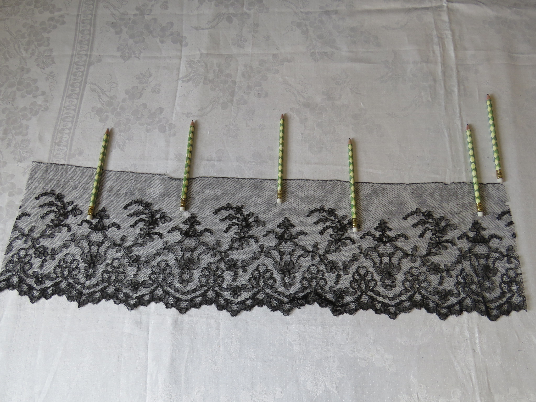 Used Antique French Black Lace Trim Edging 28" x 7 1/2" Floral Chantilly Holes Crafts (LAC-159)