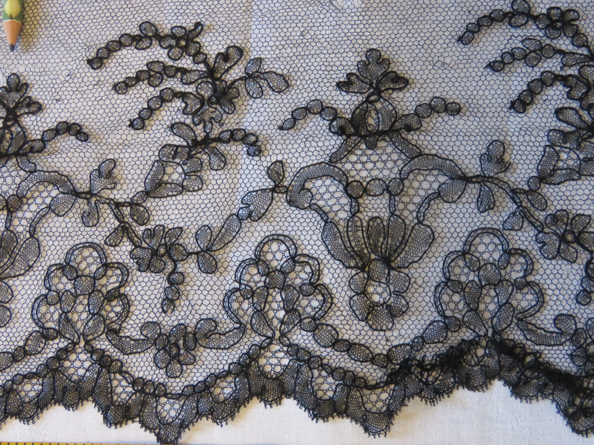 Used Antique French Black Lace Trim Edging 29" x 7 1/2" Floral Chantilly Holes Crafts (LAC-160)