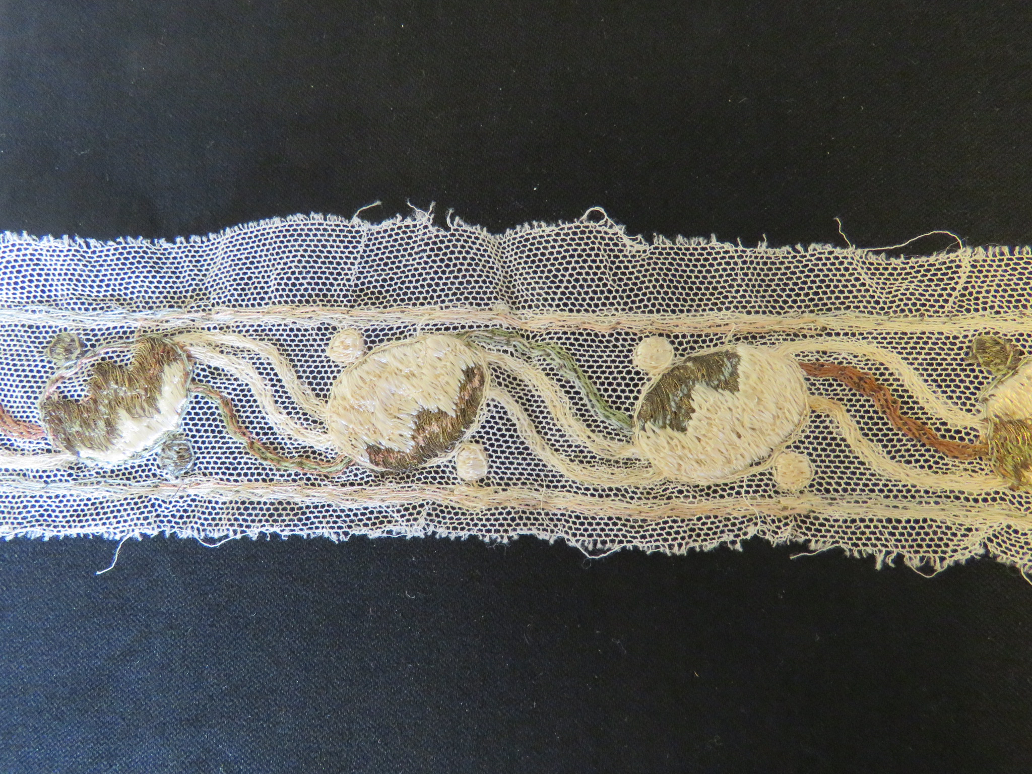 Used Antique Vintage Net Insertion Trim Embroidered Metallic 22" x 2" Art Deco  (LAC-236)