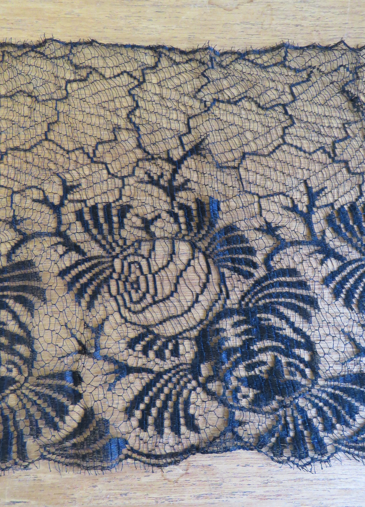 Used Antique French Silk Black Lace Trim Art Nouveau Fine Cobweb Net 30" x 8 1/2"  (LAC-247)