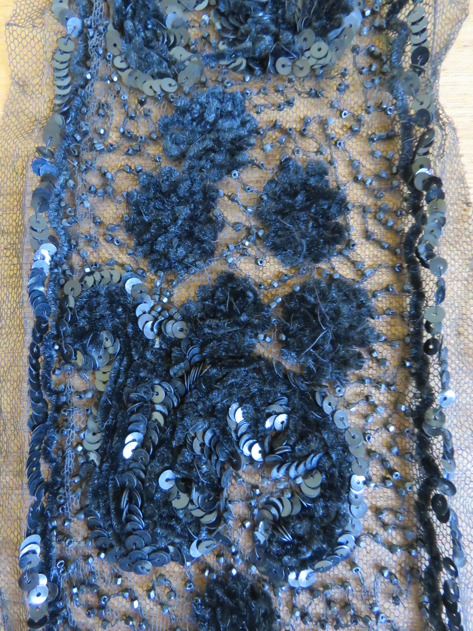 Used Antique Black Trim Net Applique Chenille Flowers Sequins Seed Beads 33" x 5 1/2"  (LAC-248)