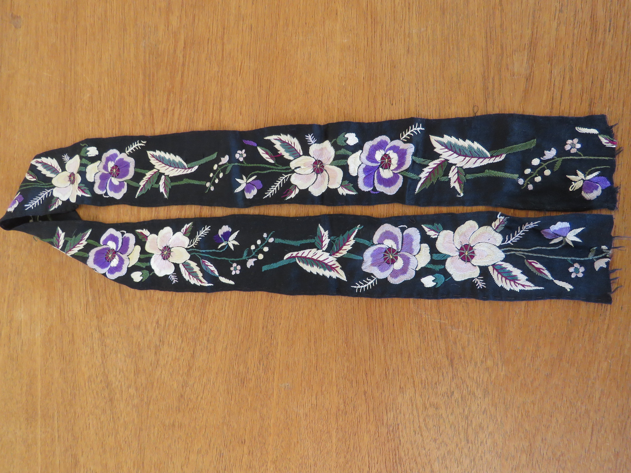 Antique Victorian Hand Embroidered Black Silk Ribbon Trim Pansies Flowers 19th Century Used (LAC-251)