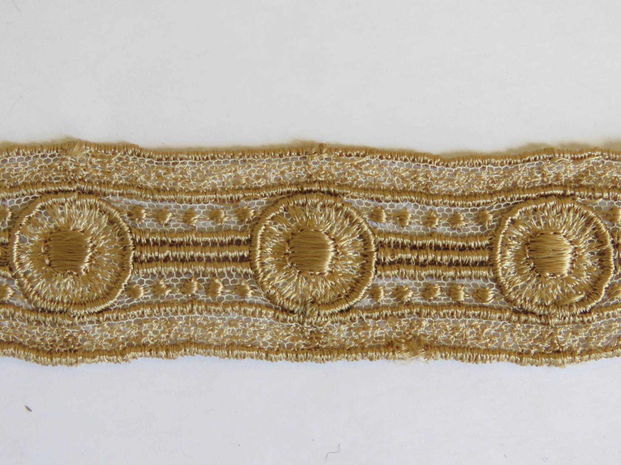 Used Antique Vintage French Net Insertion Trim Embroidered Gold Circles 42" x 1 2/8" (LAC-257)