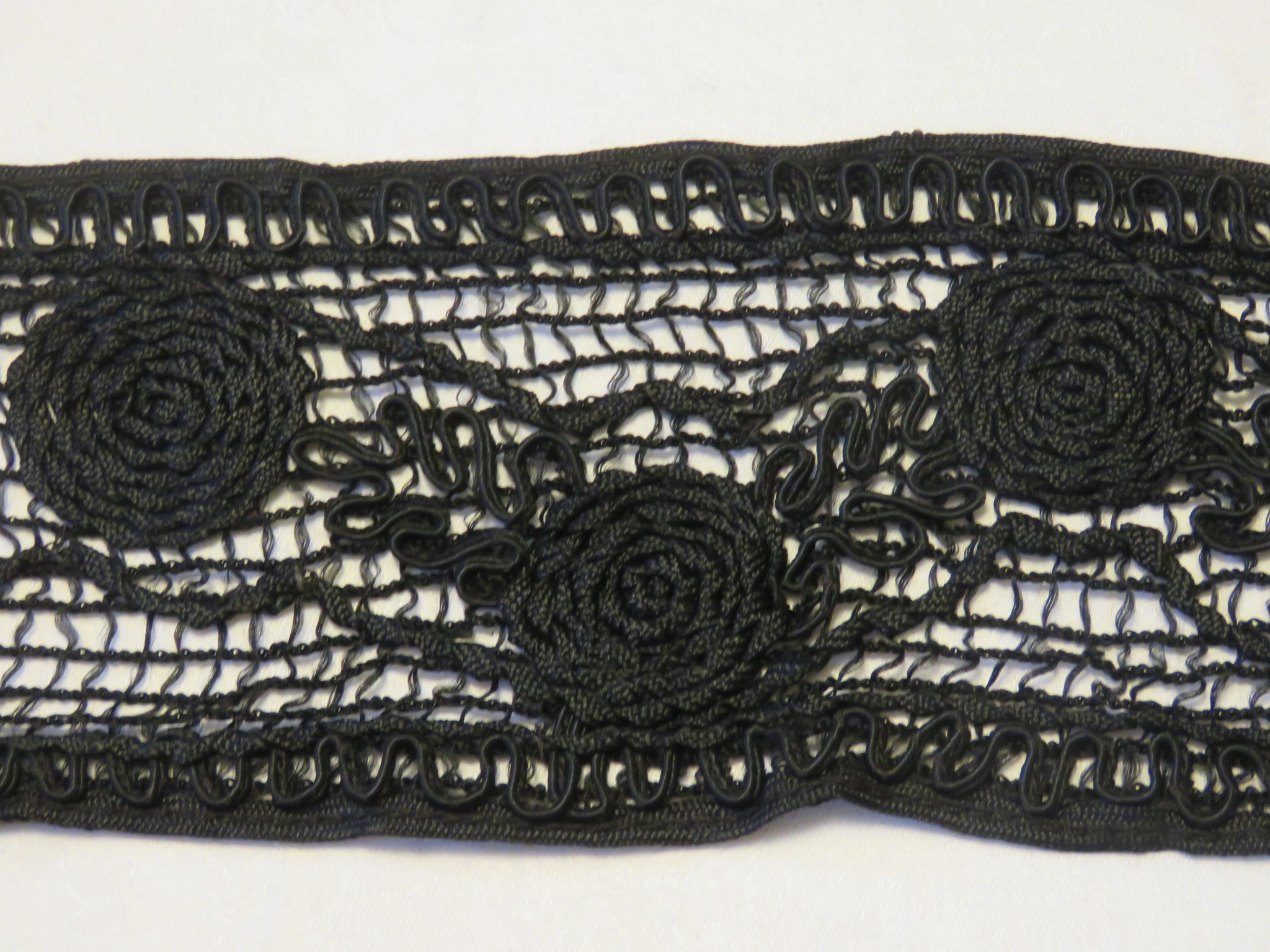 Used Antique Black Lace Trim Edwardian Soutache Cord Grid Woven Macrame 29" x 4" (LAC-293)