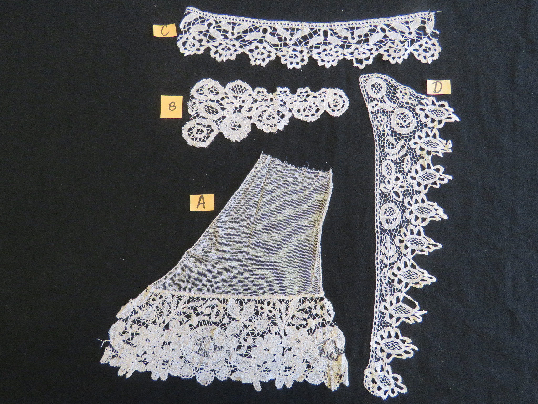 Used Vintage Lace Trim Remnants 2 pc White Bobbin Flowers dolls crafts re-purpose (LAC-350)