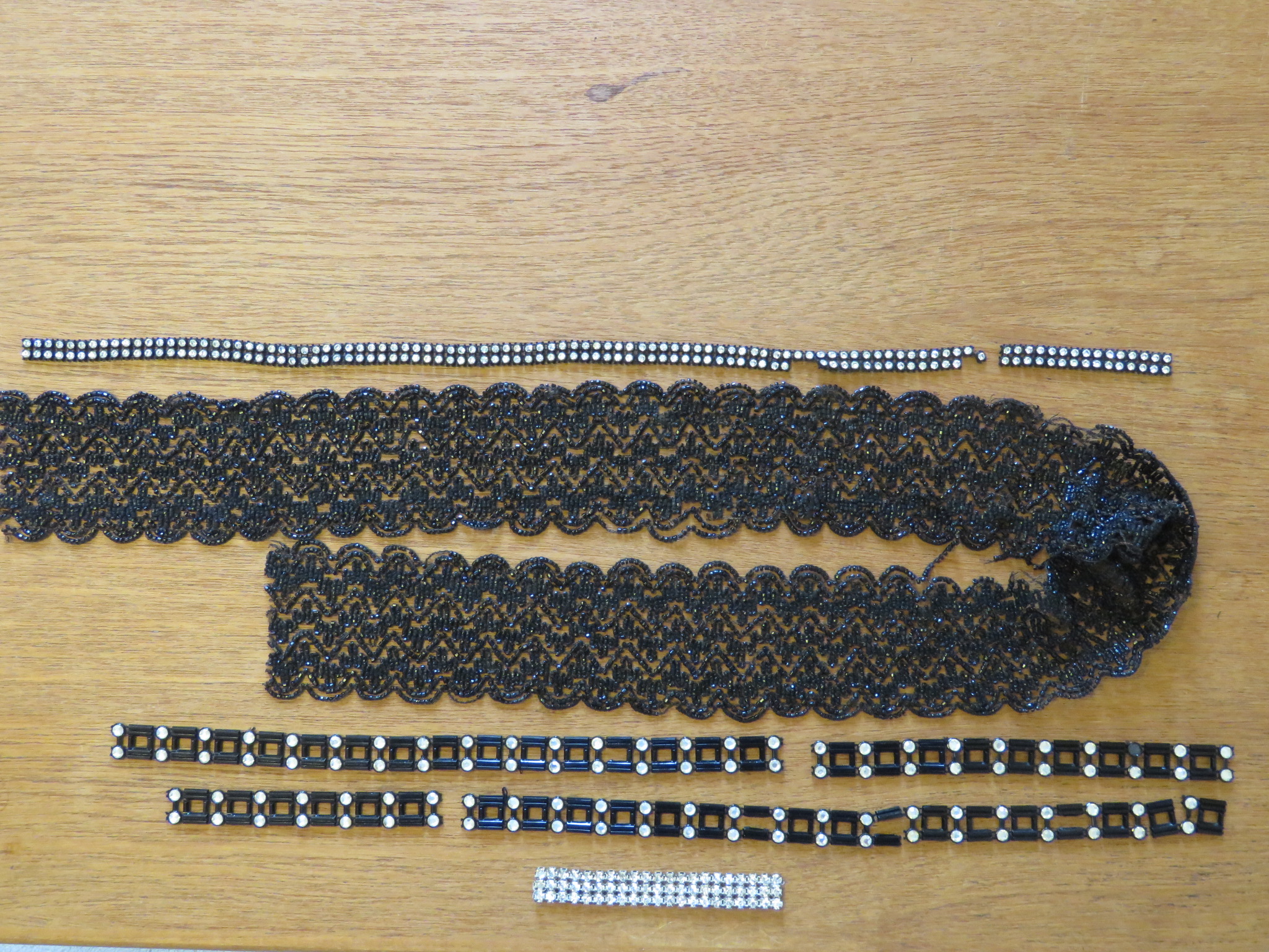 Used Antique Black Beaded Trim Plastic  Rhinestone pieces Craft Repurpose (LAC-366)