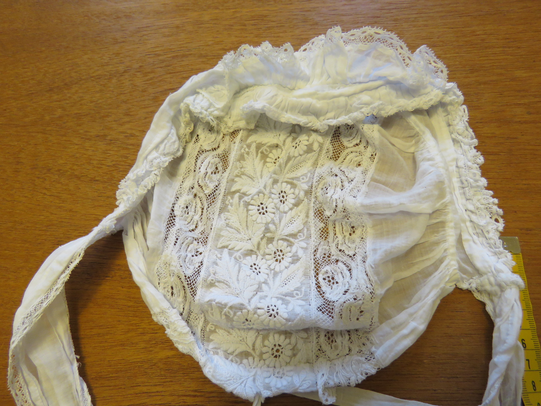 Antique French Baby Coiffe Bonnet Embroidered Whitework Lace work Dolls (LAC-377)