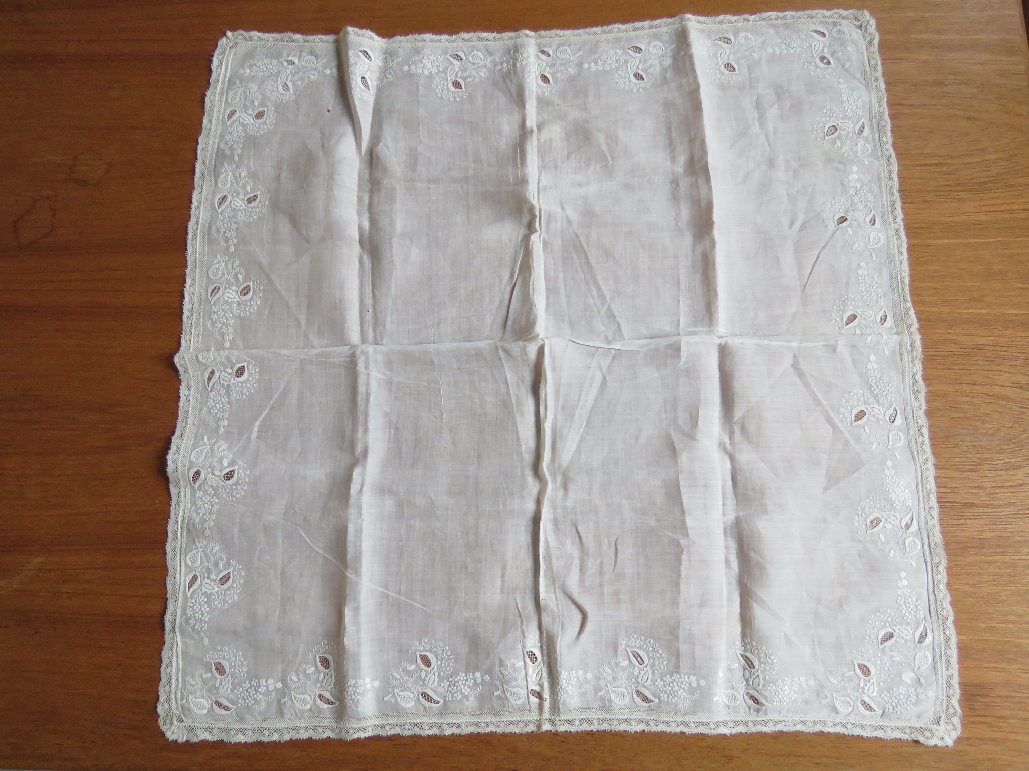 Damaged French Hand Embroidered Whitework Handkerchief Salvage Dolls Sewing Projects (LAC-59)