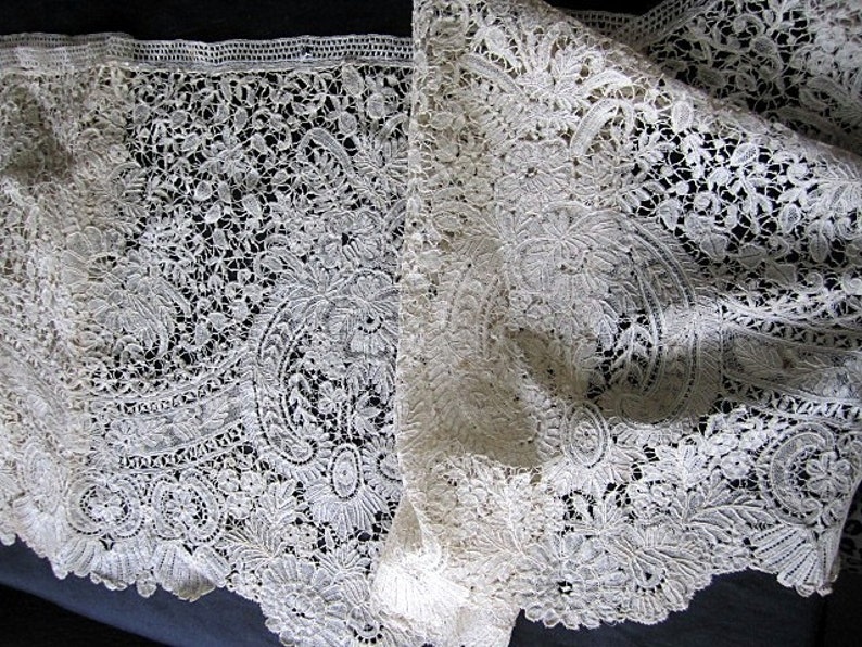 Antique Handmade Brussels Lace 50" x 10 3/4" 19th Century (LAC-5) in Lace > Antique Lace