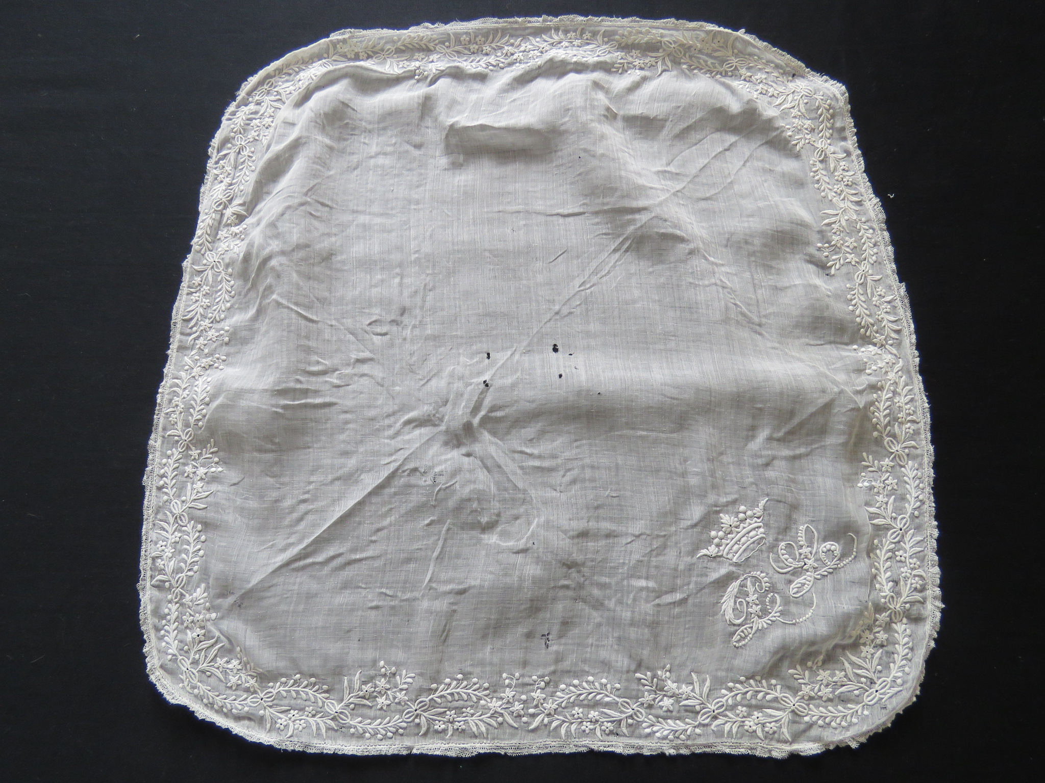 Damaged French Hand Embroidered Whitework Handkerchief Salvage Dolls Sewing Projects (LAC-64)