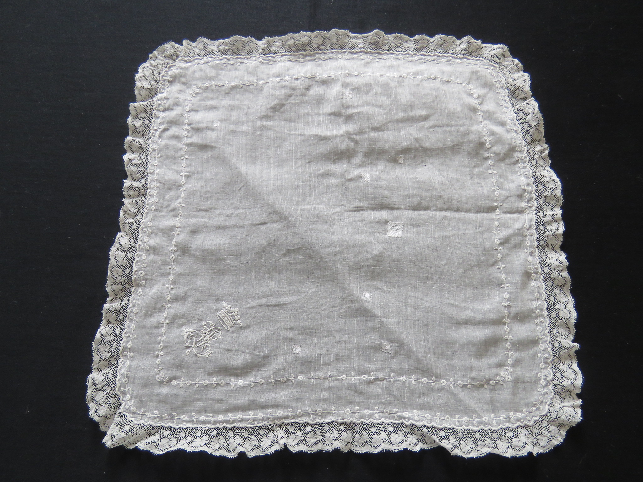 Antique French Net Lace Wedding Handkerchief with Repairs  (LAC-72)