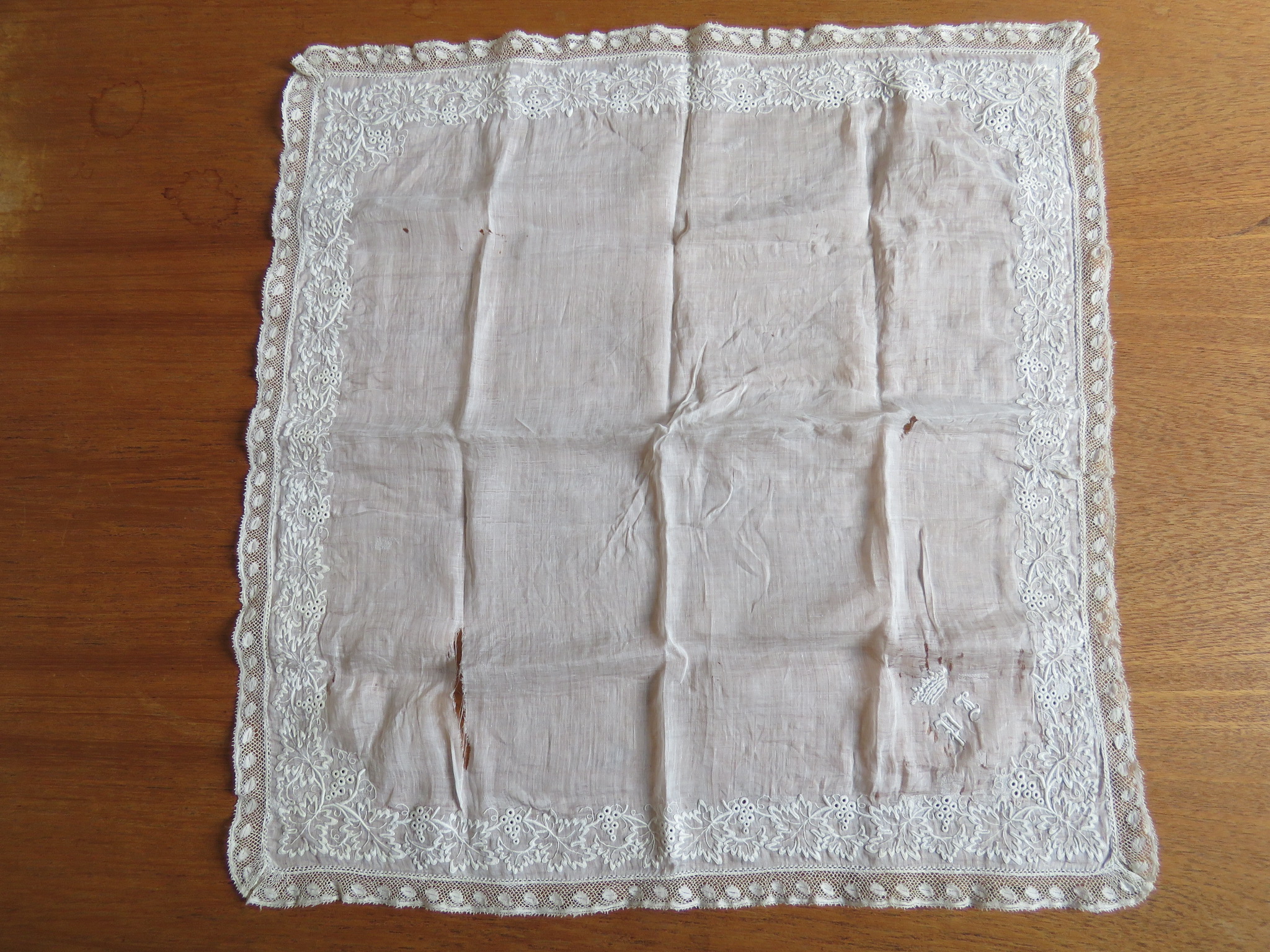 Damaged French Hand Embroidered Whitework Handkerchief Salvage Dolls Sewing Projects  (LAC-74)