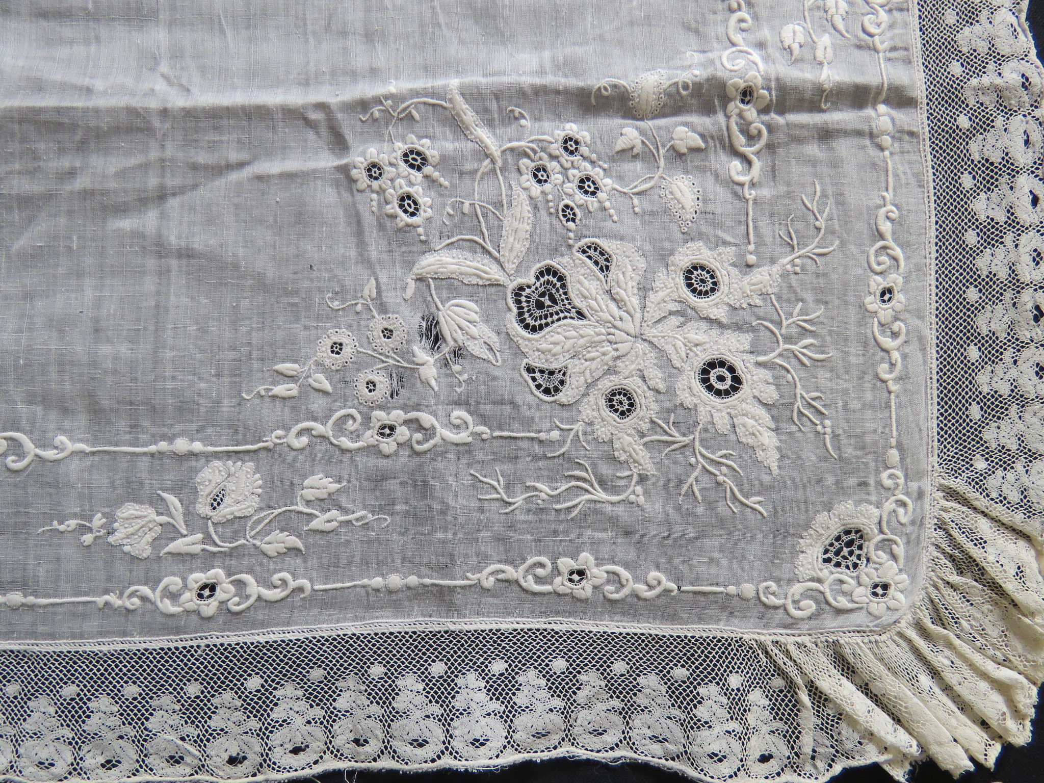 Damaged French Hand Embroidered Whitework Handkerchief Salvage Dolls Sewing Projects Display (LAC-77)