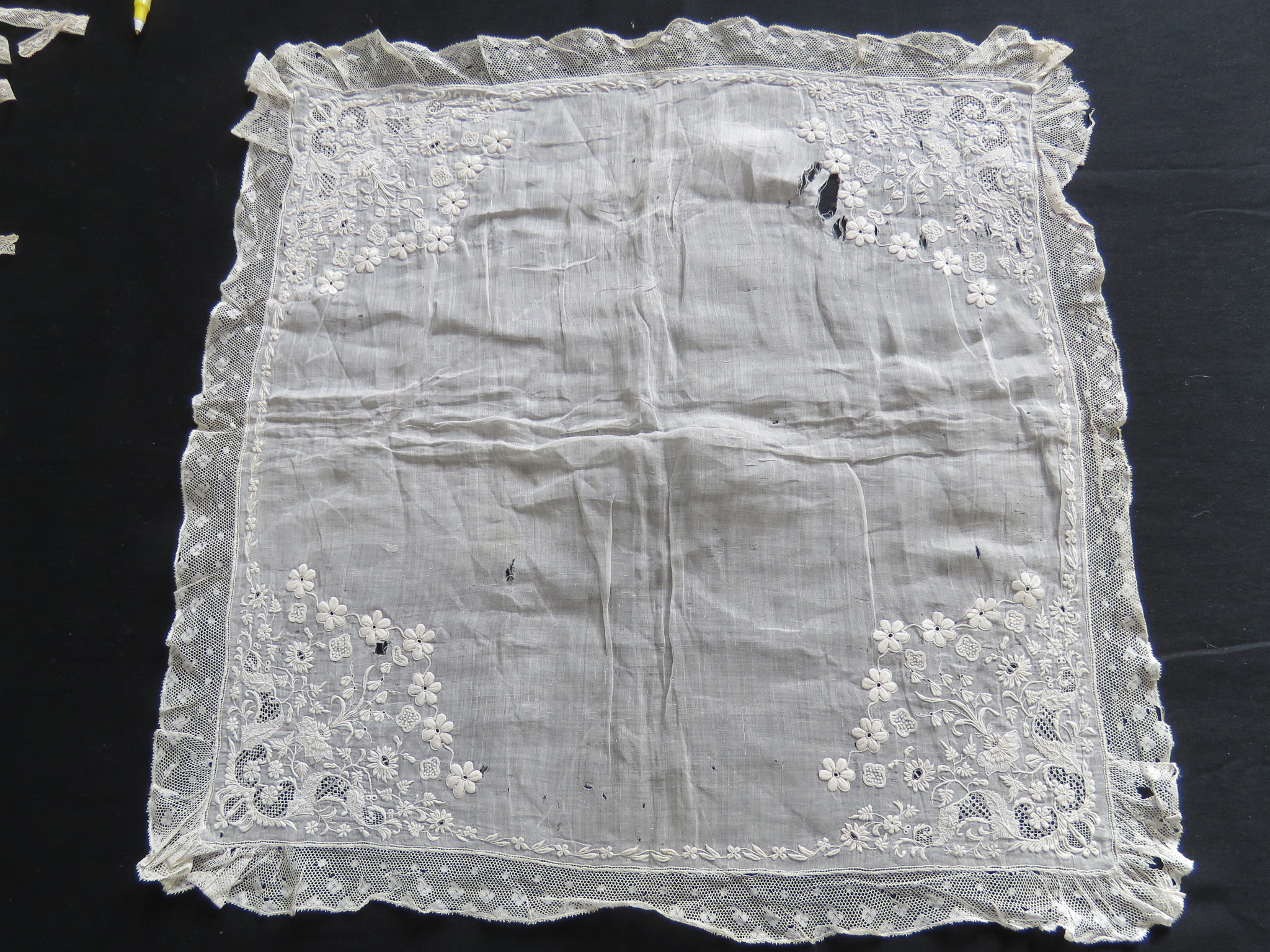 Damaged French Hand Embroidered Whitework Handkerchief Salvage Dolls Sewing Projects Display (LAC-84)