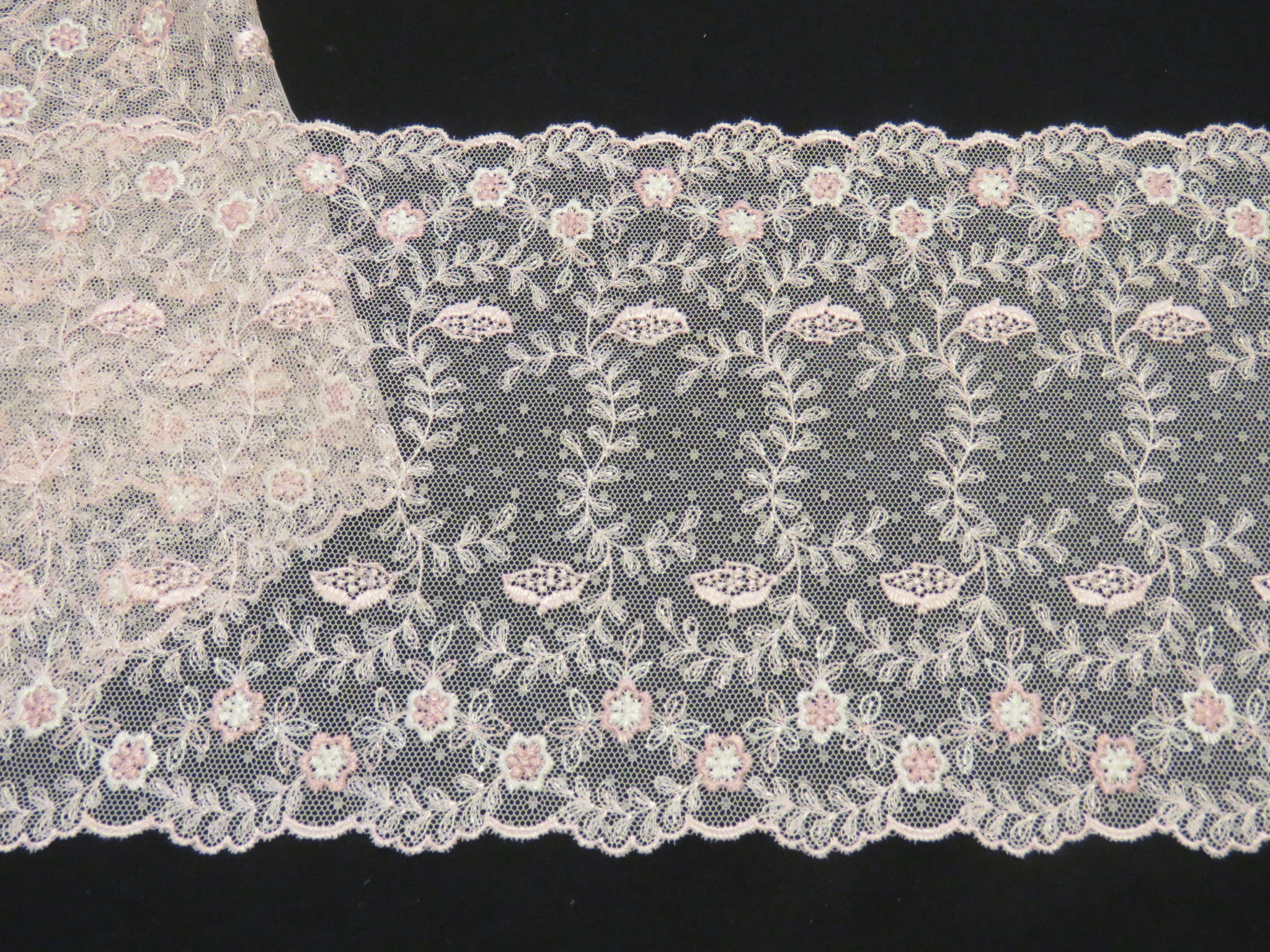Unused Net Lace Trim  Embroidered Flower Leaf Design Synthetic Pink 39" x 9" (LAC-85)