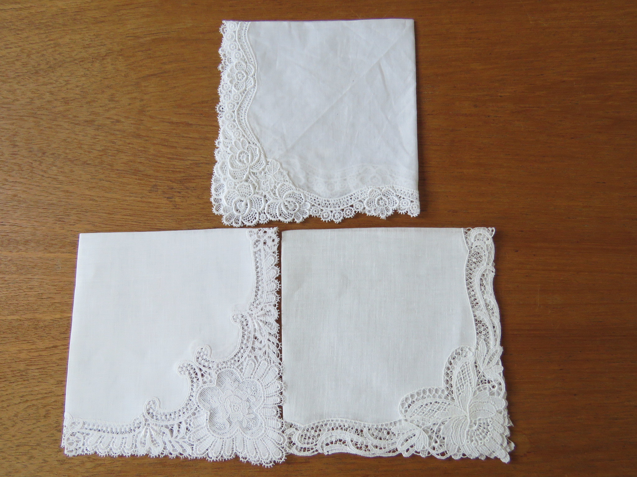 3 pc Vintage Wedding Handkerchiefs Linen Lace Bridal Hankies Label Switzerland (LAC-88)