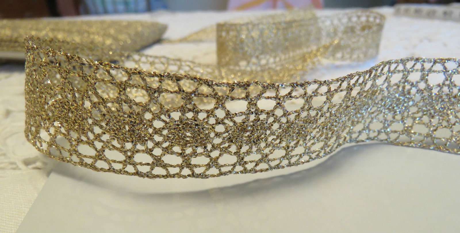 Unused Vintage Lace Trim 5 yards x 1" Synthetic Gold Insertion Dolls, Sewing, Lampshade (LAC-96)